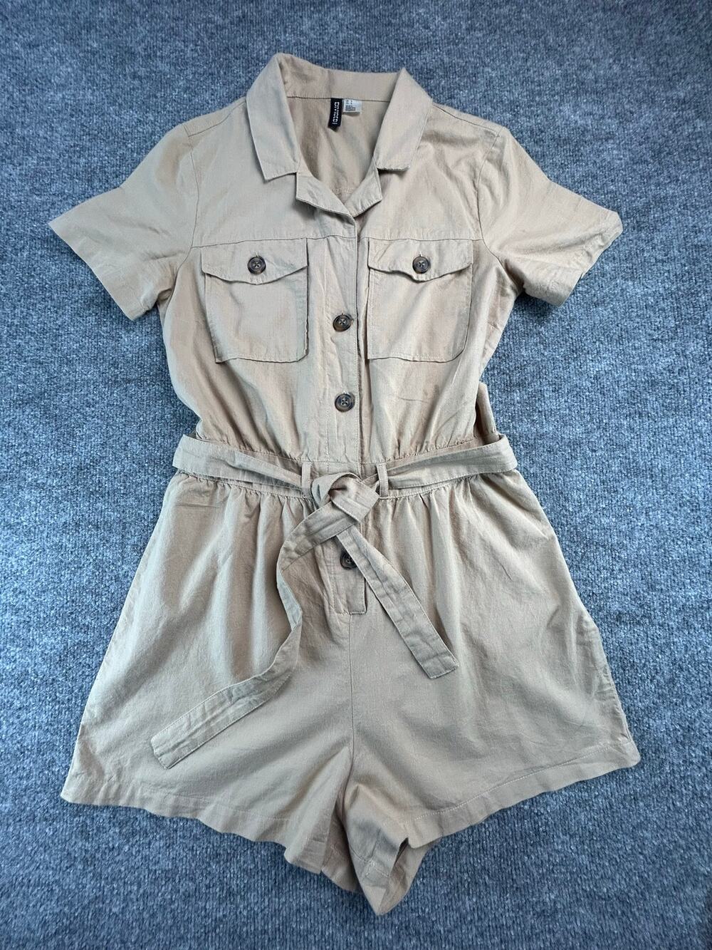H&M Divided Utility Romper Women's 6 Beige Belted Short Sleeve Button Front